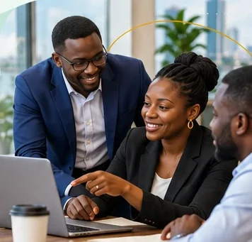 Colleagues reviewing a plan together on a laptop