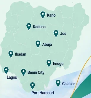 Map of Nigeria marking Lagos, Ibadan, Abuja, Kano, Kaduna, Jos, Enugu, Benin City, Port Harcourt and Calabar