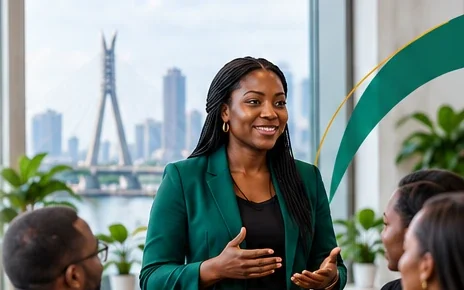 Facilitator speaking to a group in a Lagos office