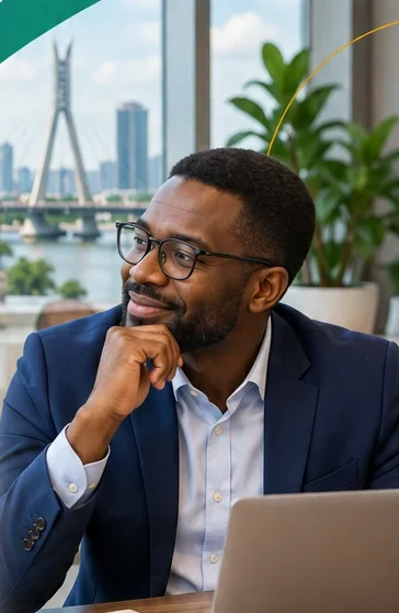 Professional thinking at a desk in a Lagos office