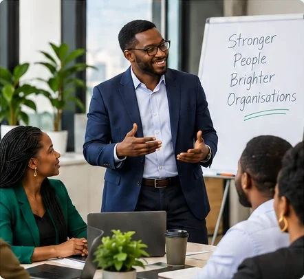 Facilitator presenting to a team beside a flipchart